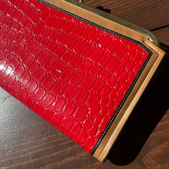 Vintage 80s Red Tan Reptile Embossed Womens Wallet Kisslock and Snap Closure - Picture 9 of 10
